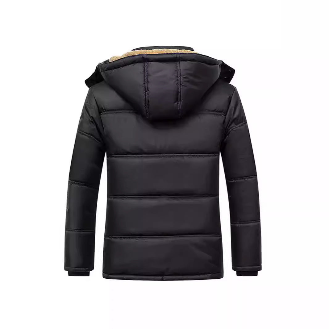Men's Long Thermal Insulated Quilted Parka with Teddy Lining, Hood, and Flap Pockets