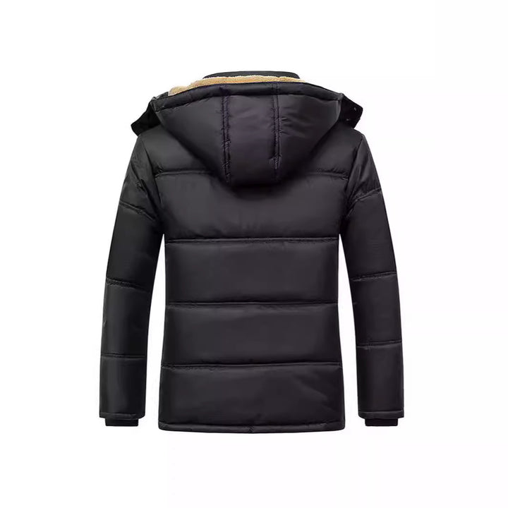 Men's Long Thermal Insulated Quilted Parka with Teddy Lining, Hood, and Flap Pockets