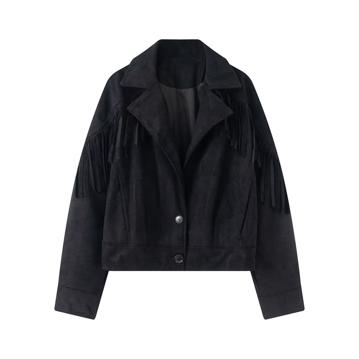 Women's short suede imitation jacket with fringes and lapel collar Mune Fashion
