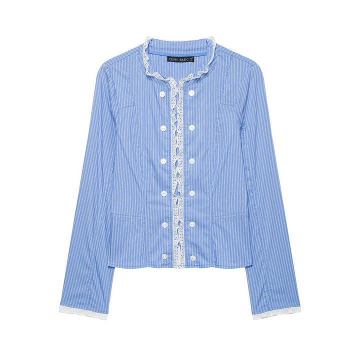 Women's Striped Cropped Blouse Jacket with Lace Trim and Stand-Up Collar Drune
