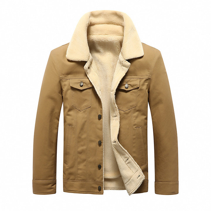 Men's Sherpa-lined canvas trucker jacket with faux fur collar and utility pockets Mune Fashion