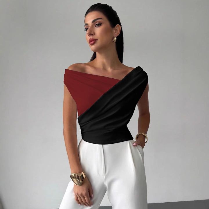 Ladies' elegant asymmetrical draped top with crossed front and figure-hugging waist Mune Fashion