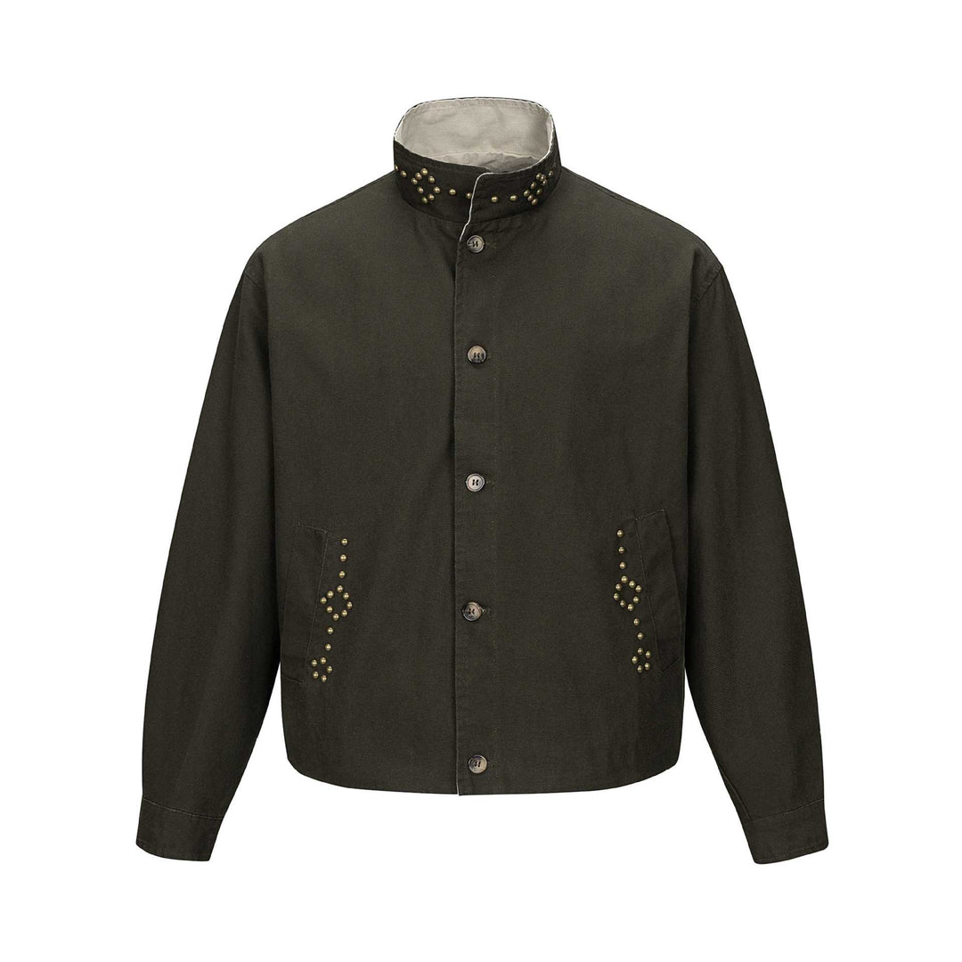 Unisex Short Blouson Jacket with High-Collar Studded Neck and Utility Pockets Mune Fashion