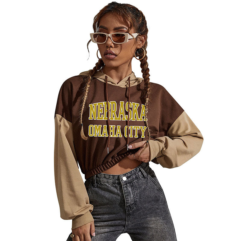Women's Cropped Hoodie with Contrast Sleeves, Elastic Hem and Melting Smiley Print
