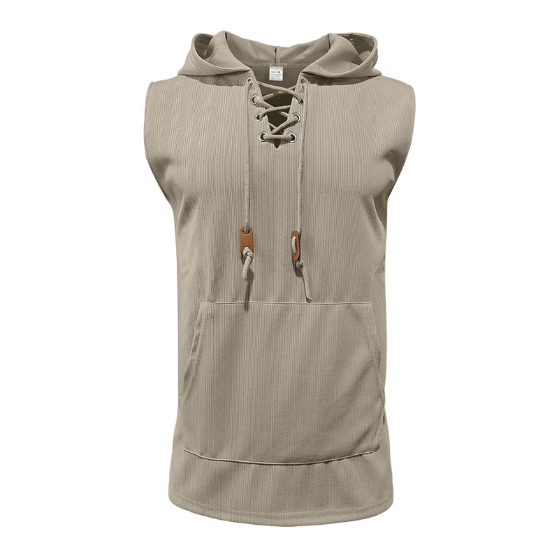 Men sleeveless hoodie sweatshirt with laced collar and kangaroo pocket Mune Fashion