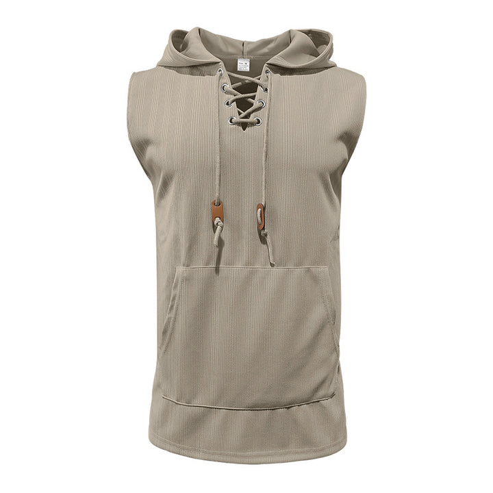 Men sleeveless hoodie sweatshirt with laced collar and kangaroo pocket Mune Fashion