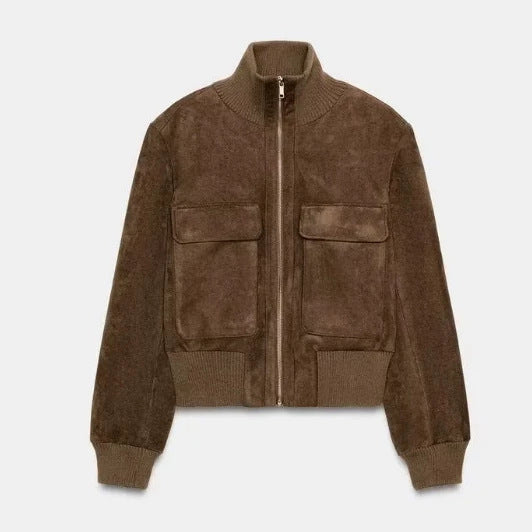 Women's Short Cut Velour Leather Bomber Jacket with Flap Pockets and Stand-Up Collar Mune Fashion