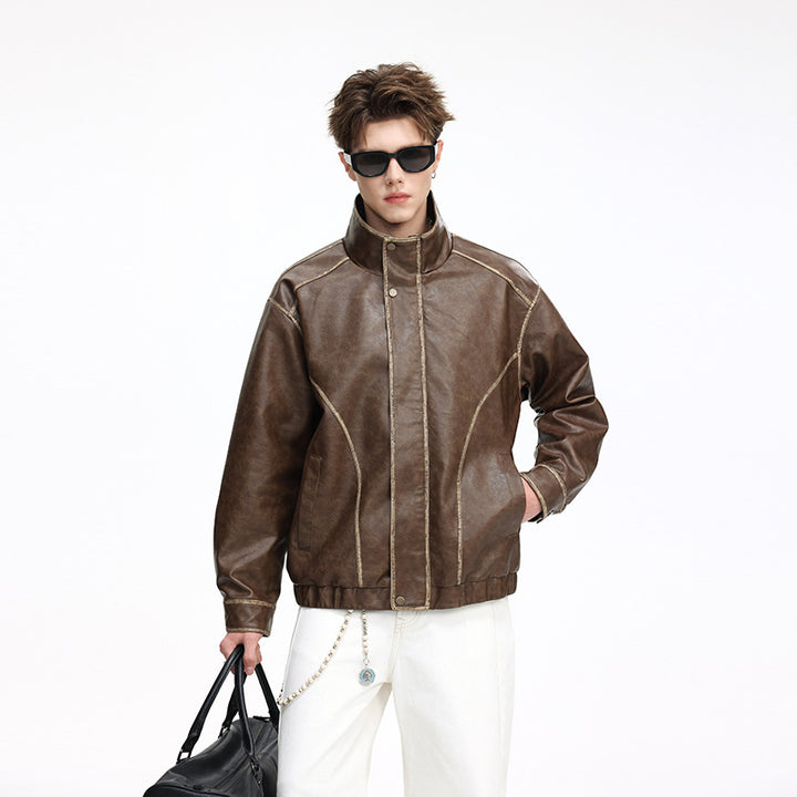 Herren Lederjacke im Vintage-Bomberstil mit Stehkragen Mune Fashion