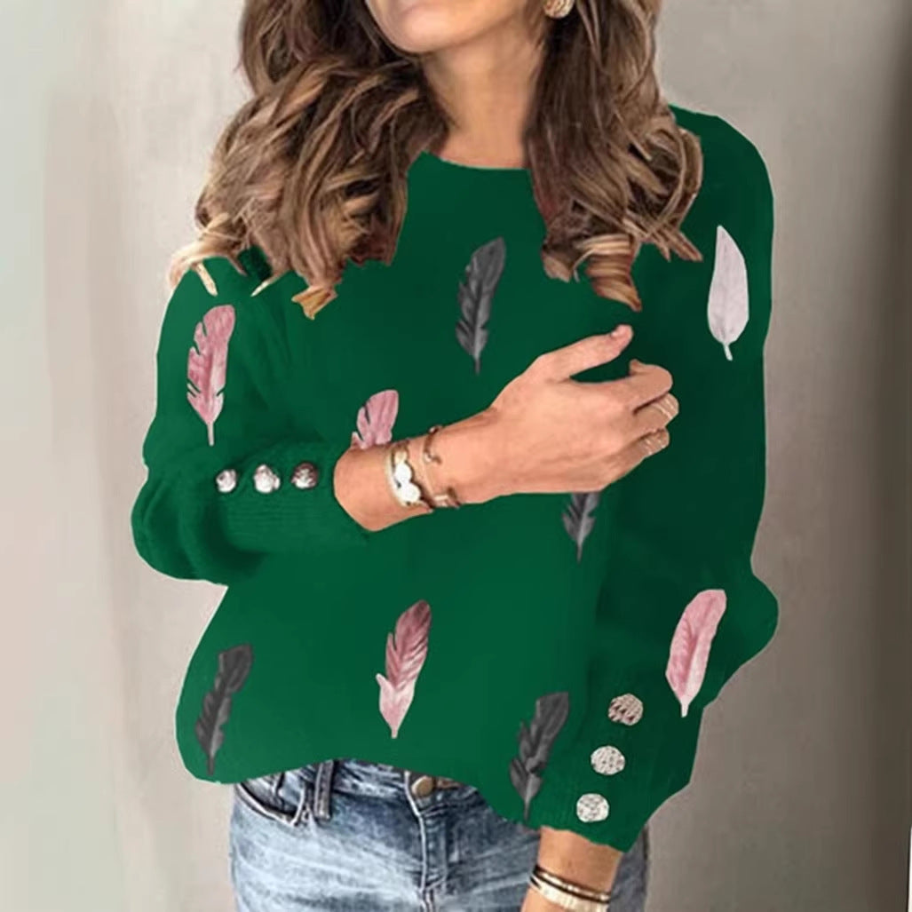 Women's fine knit sweater with feather motif, round neck and decorative button placket Mune Fashion