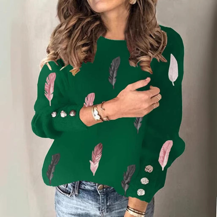 Women's fine knit sweater with feather motif, round neck and decorative button placket Mune Fashion
