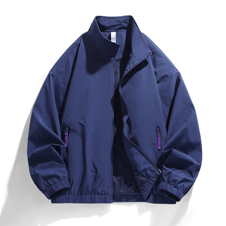Men's Lightweight Windbreaker Transitional Jacket with Stand Collar, Mesh Inner Lining, Zipper Pockets & Elastic Hem Mune Fashion