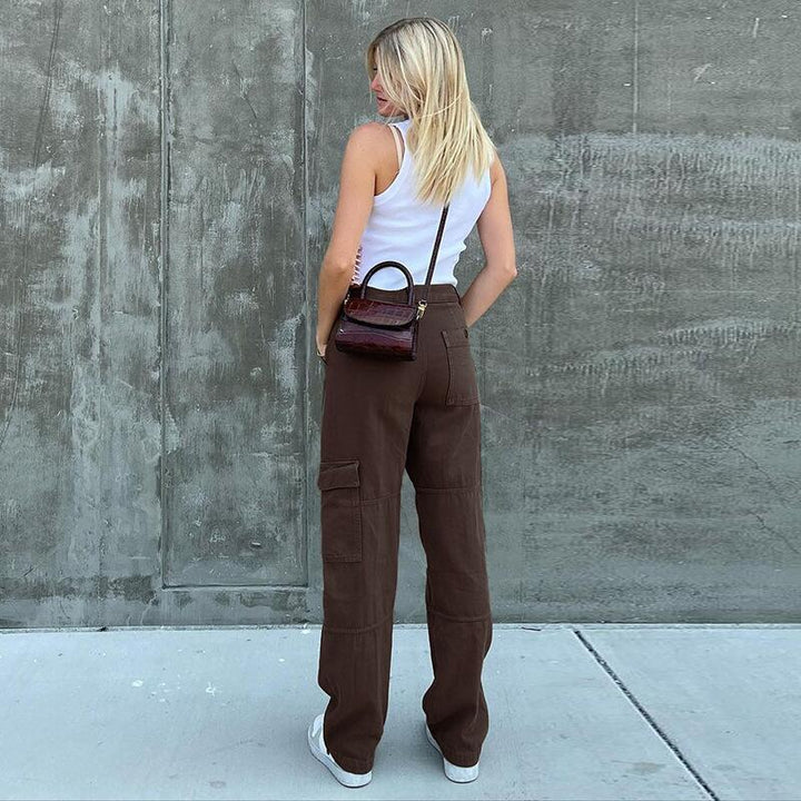 Ladies High-Waisted Relaxed Cargo Pants with Wide Leg and Knee Pleats Mune Fashion