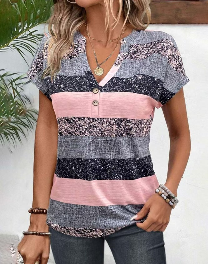 Women's loose short sleeve tunic top with V-neck decorative button placket and rounded hem Mune Fashion