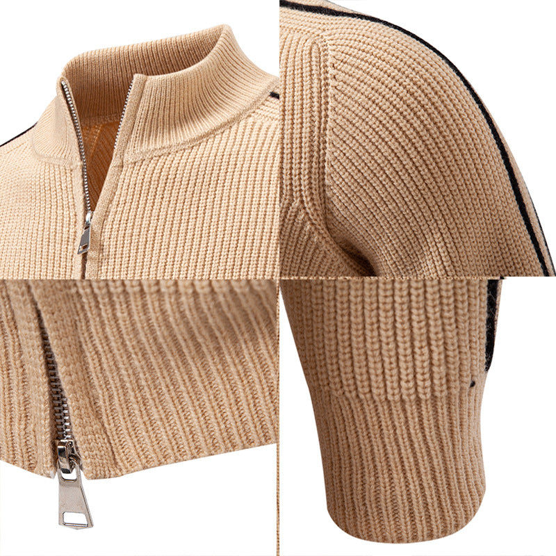 Men's zip-up cardigan with stand-up collar, structured ribbed look and contrasting stripes Mune Fashion