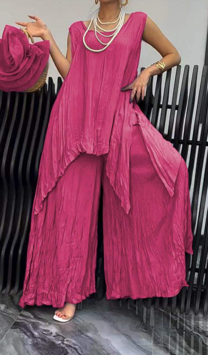 Women two-piece set in airy crinkle look with sleeveless tunic and wide palazzo pants Mune Fashion