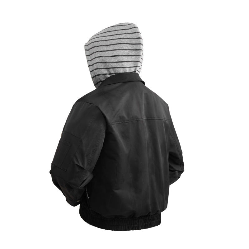Men's lightweight bomber jacket with striped hooded inner jacket, elastic hem, and utility arm pocket Mune Fashion