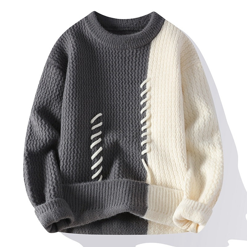 Unisex nan structured knit sweater with asymmetrical two-tone design and decorative stitch Mune Fashion