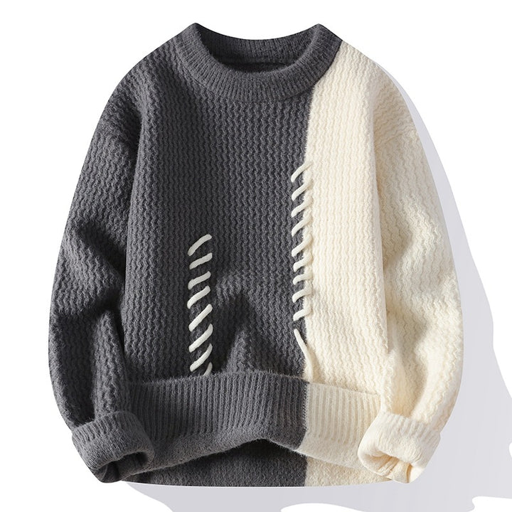 Unisex nan structured knit sweater with asymmetrical two-tone design and decorative stitch Mune Fashion