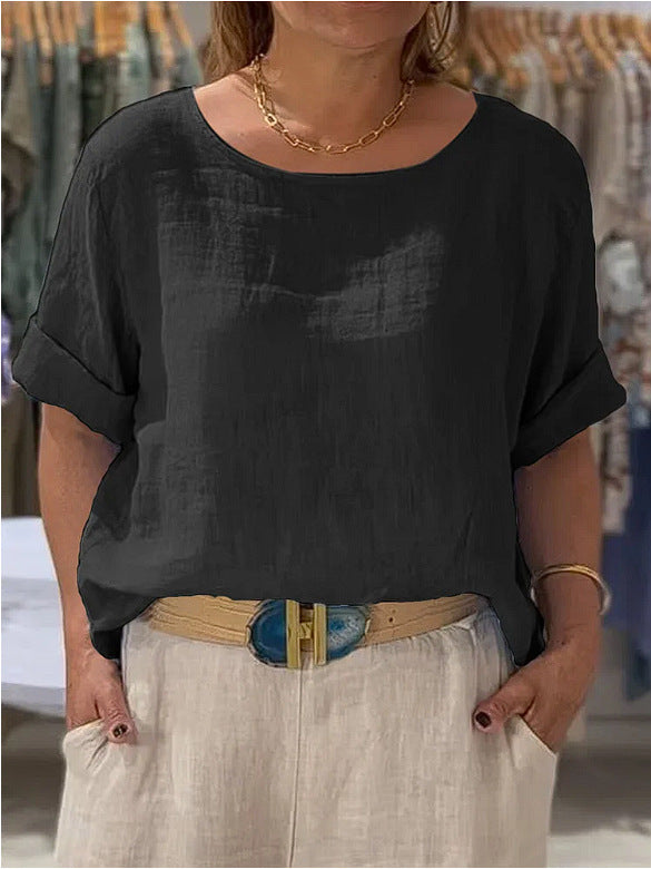 Women Lightweight Linen Blouse with Turned-up Sleeves Mune Fashion