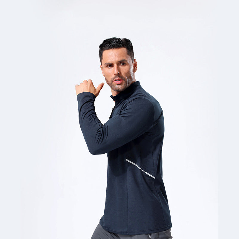 Men's Lightweight Sporty Long Sleeve Polo Shirt with Short Zipper and Stand-Up Collar Mune Fashion