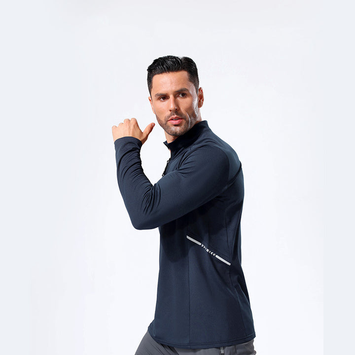 Men's Lightweight Sporty Long Sleeve Polo Shirt with Short Zipper and Stand-Up Collar Mune Fashion