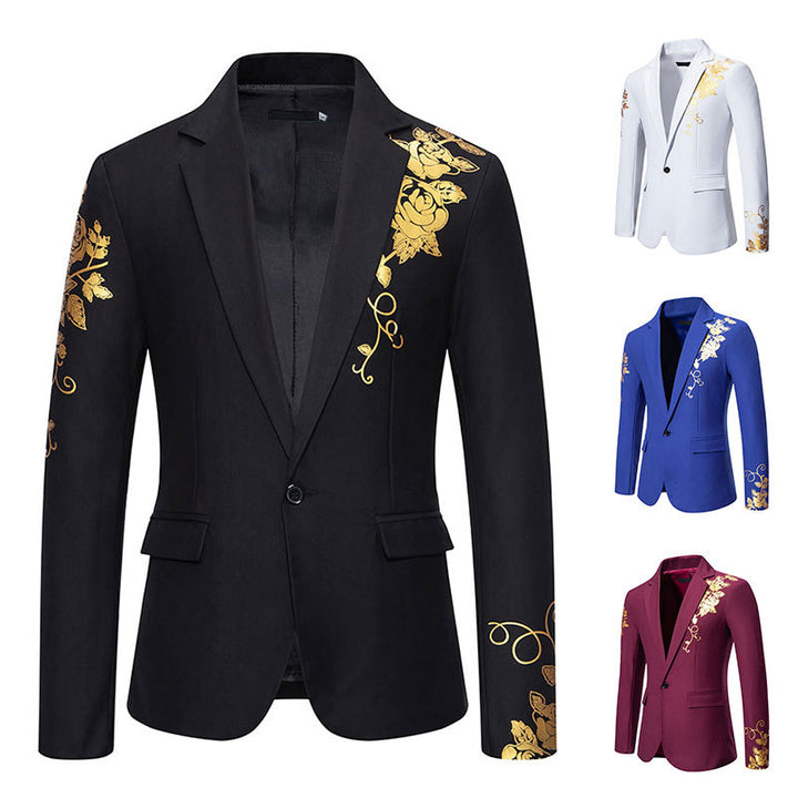 Men's single-breasted jacket with narrow lapels and golden rose print Mune Fashion