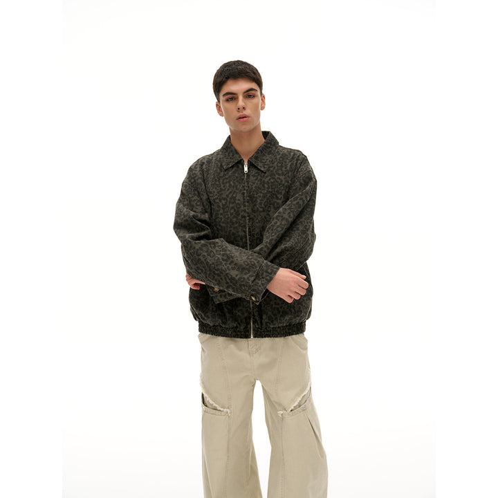 Unisex Lightly quilted Boxy jacket in denim look with tonal leopard print and elastic hem Mune Fashion