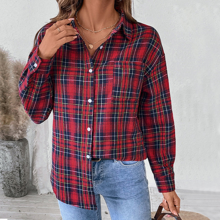 Women's Oversized Check Shirt Blouse made of soft flannel with chest pocket and extended back part Mune Fashion