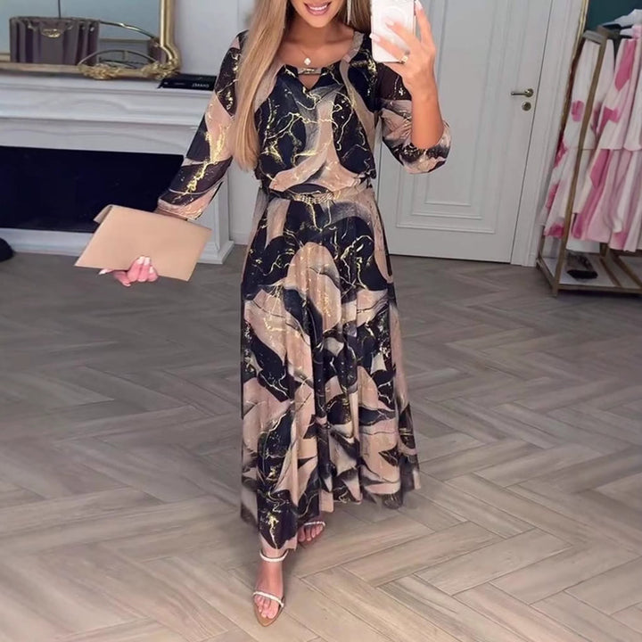 Women's floor-length chiffon dress with fitted tie belt, three-quarter sleeves and elegant watercolor print Mune Fashion