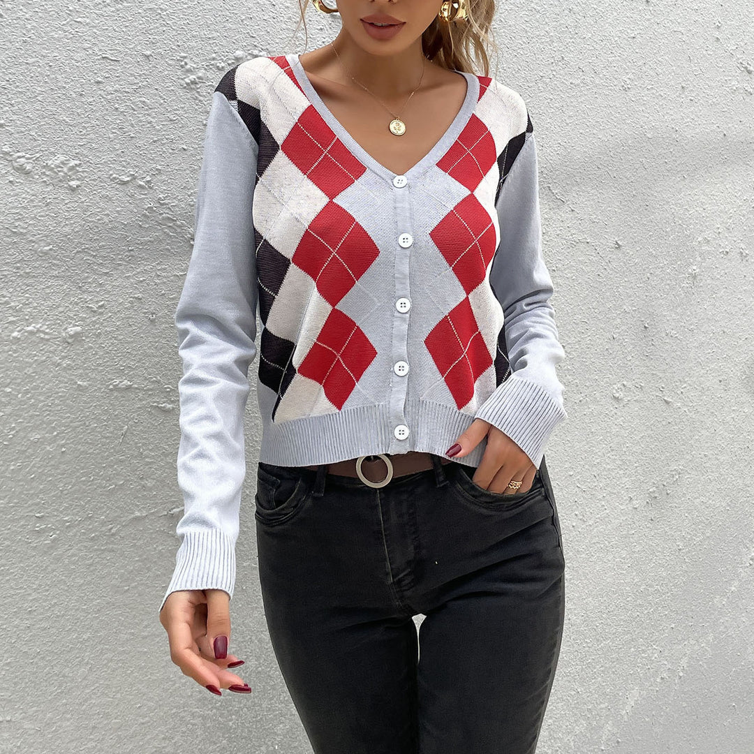 Ladies' Argyle Cardigan with deep V-neck, fine fine knit and button placket Mune Fashion