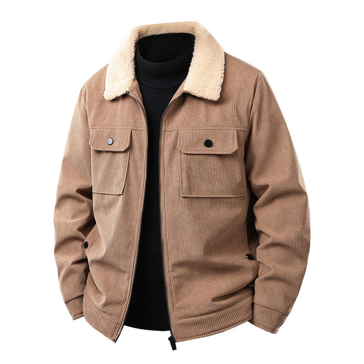 Men's cord work jacket with sherpa collar, concealed zipper, and multi-pocket chest pockets Mune Fashion