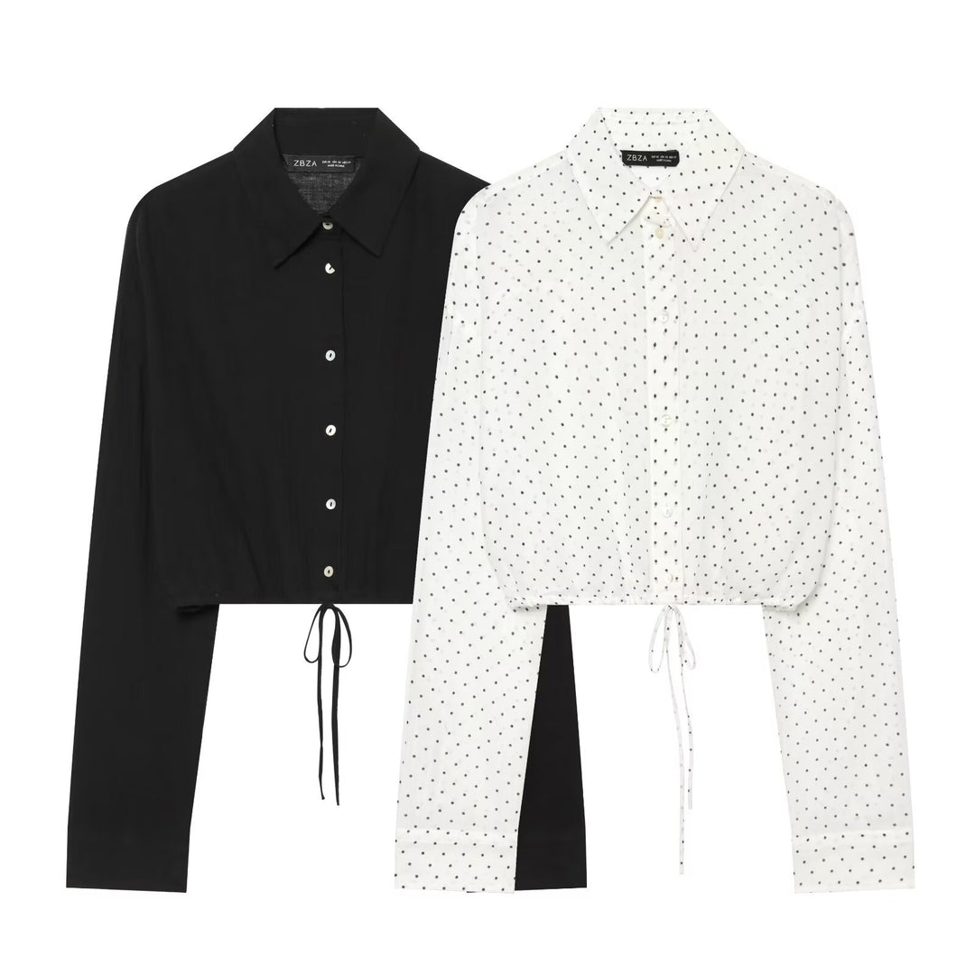 Women's short-cut blouse with pointed collar, button placket and drawstring Mune Fashion