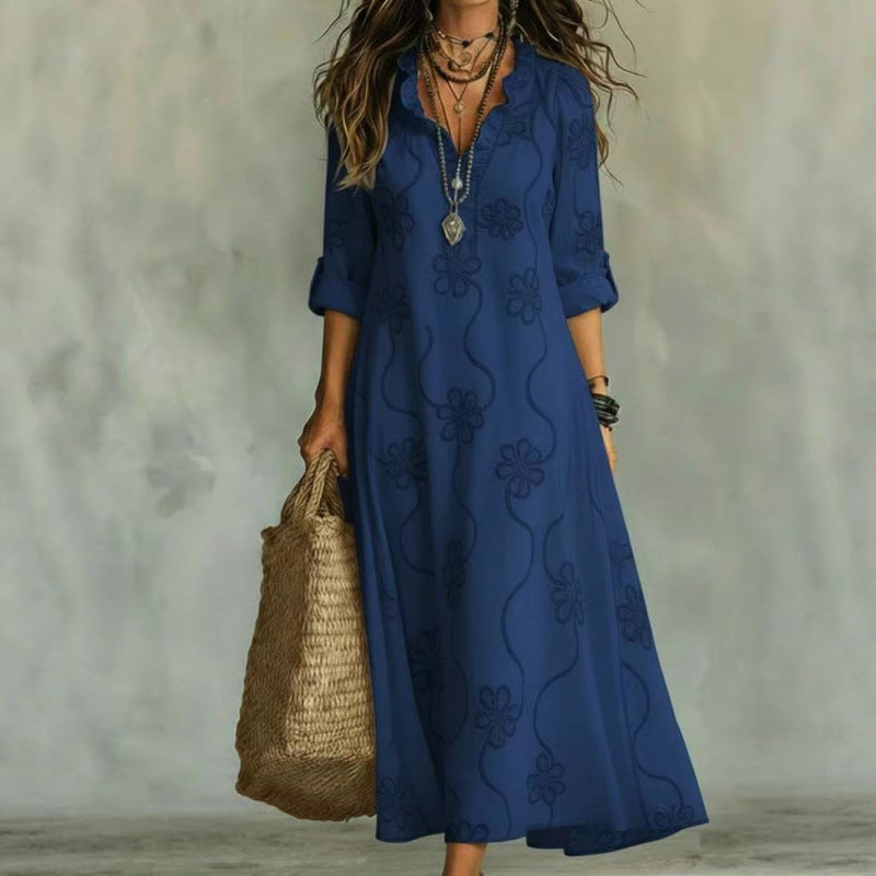 Women Long Boho Maxi Dress with Floral Embroidery and V-Neck Mune Fashion
