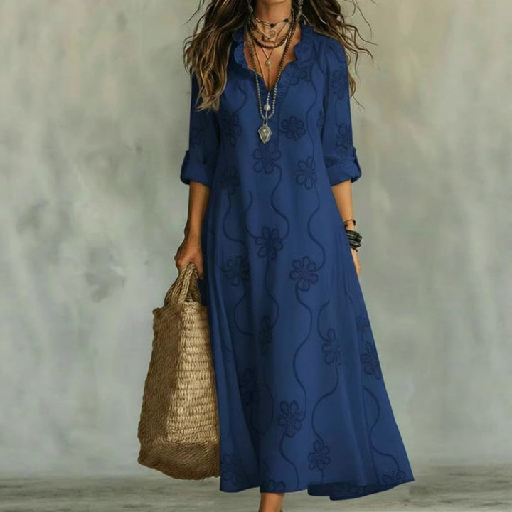 Women Long Boho Maxi Dress with Floral Embroidery and V-Neck Mune Fashion