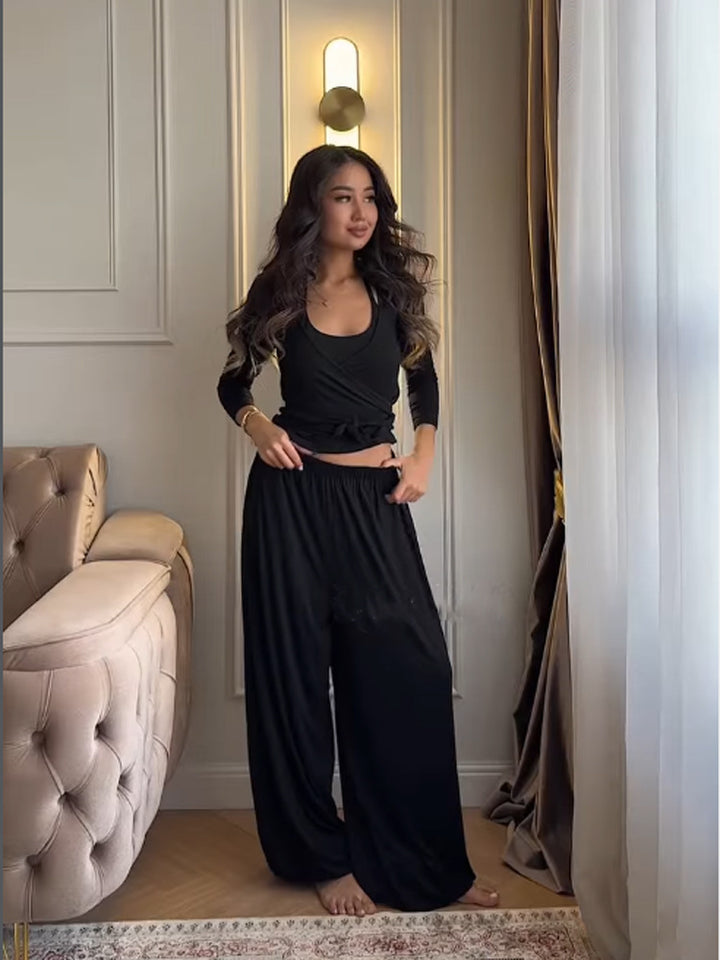 Women's loungewear set with wrap cropped top and wide palazzo pants Mune Fashion