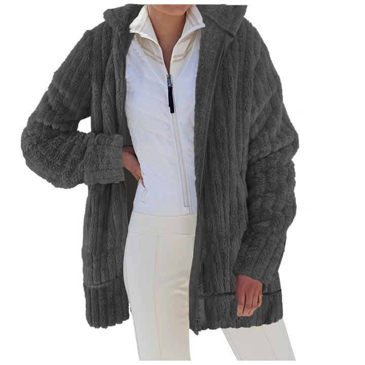 Women's Oversize Teddy-Fleece Hooded Coat with Ribbed Cuffs and Side Pockets Mune Fashion