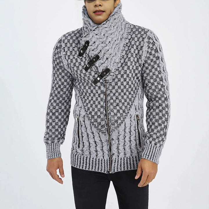 Men's chunky knit cardigan with asymmetric wrap collar and zipper Mune Fashion