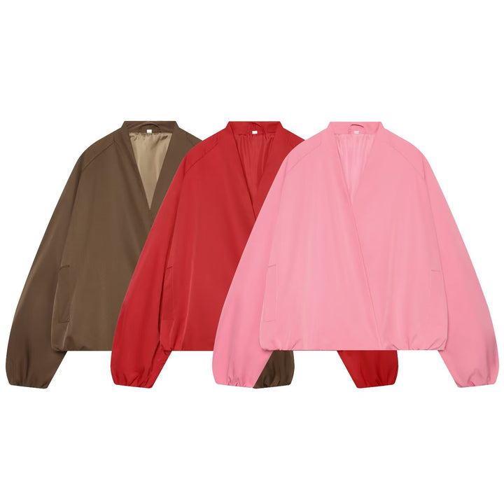 Women's Oversize Cropped Bomber Jacket with Open V-Neck and Elastic Hem Mune Fashion