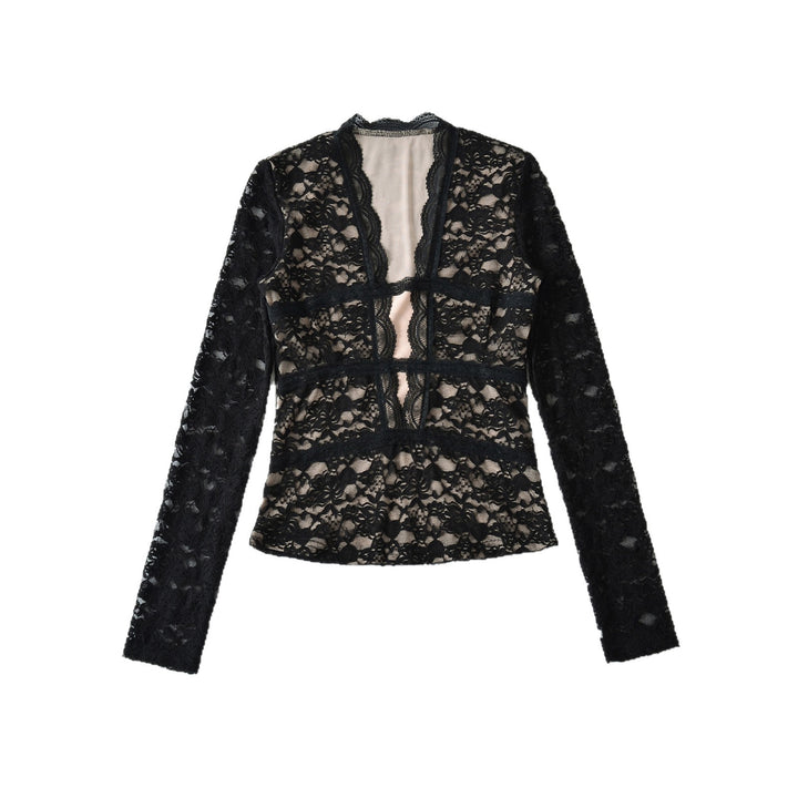 Women's Transparent Lace Blouse with V-Neck, Tailored Inserts and Long Sleeves Mune Fashion