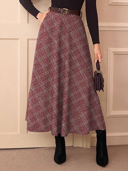 Women's Checked Midi Skirt in A-Line with High Waist and Side Pockets Drune