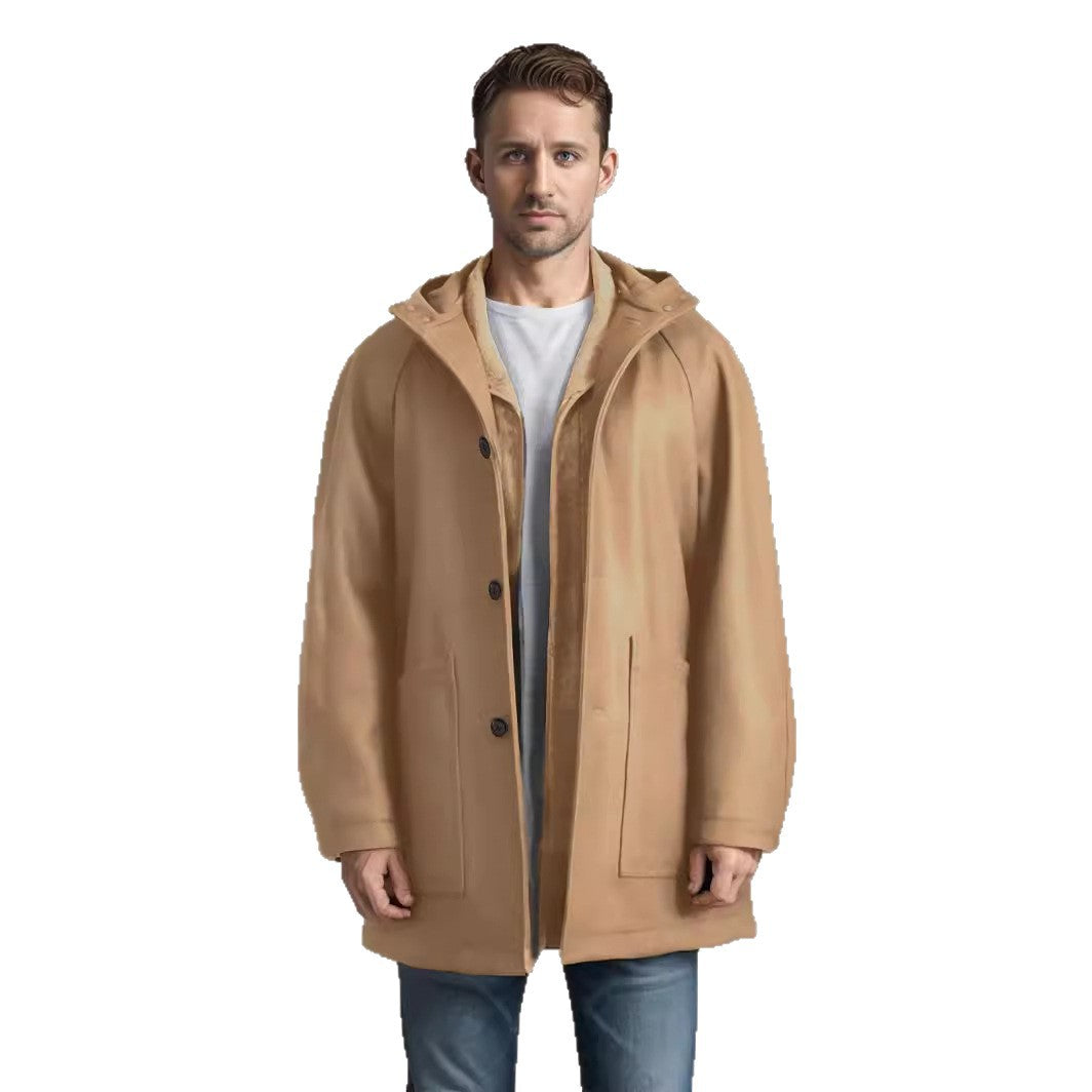 Men Tailored Wool Blend Coat with Hood and Concealed Button Placket Mune Fashion