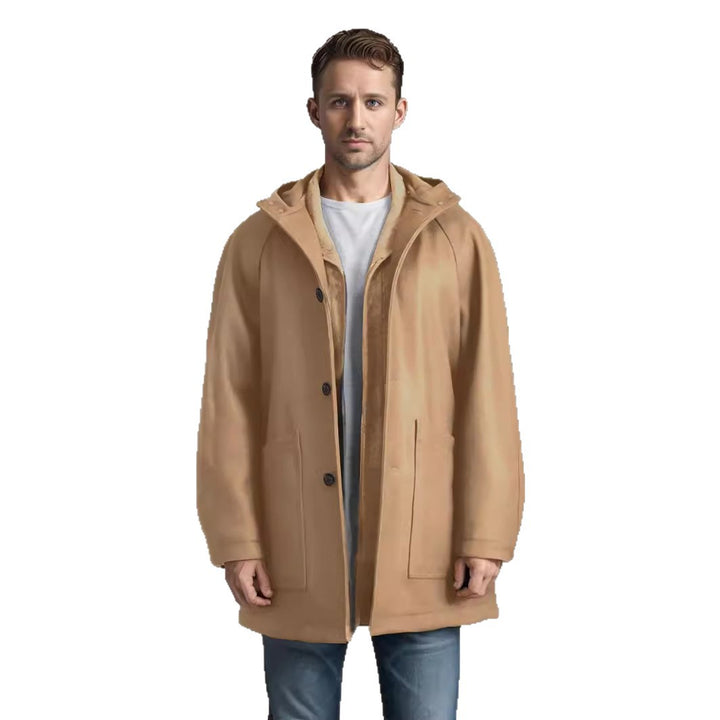 Men Tailored Wool Blend Coat with Hood and Concealed Button Placket Mune Fashion
