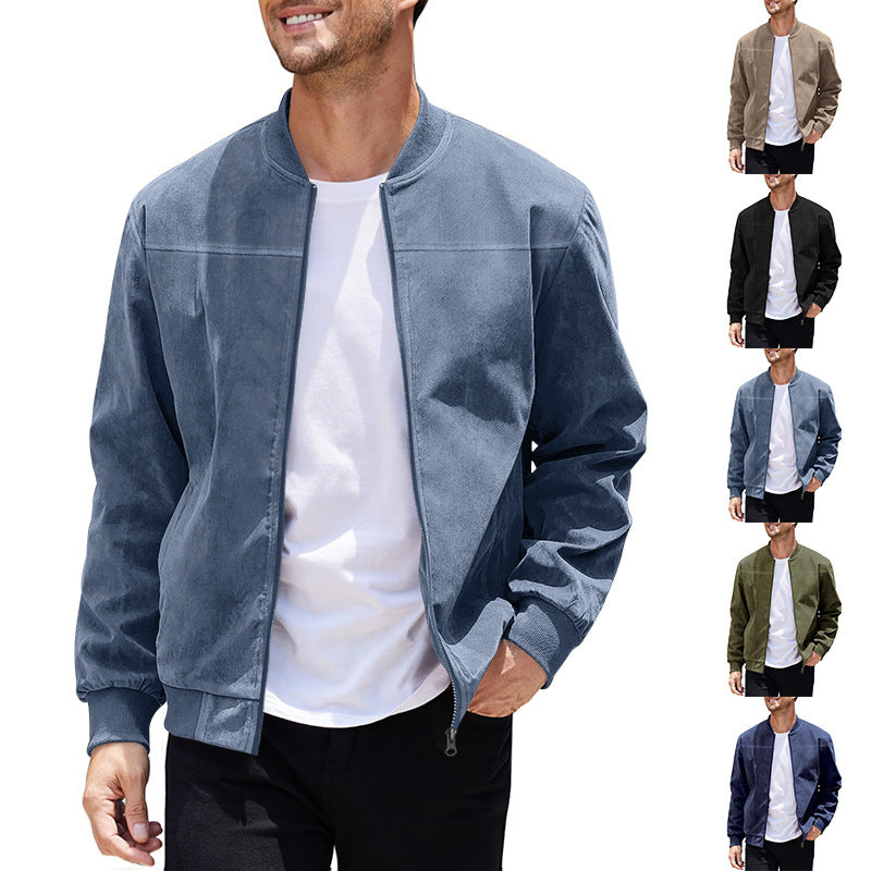 Men's faux suede bomber jacket with stand-up collar, ribbed cuffs, and concealed zipper Mune Fashion