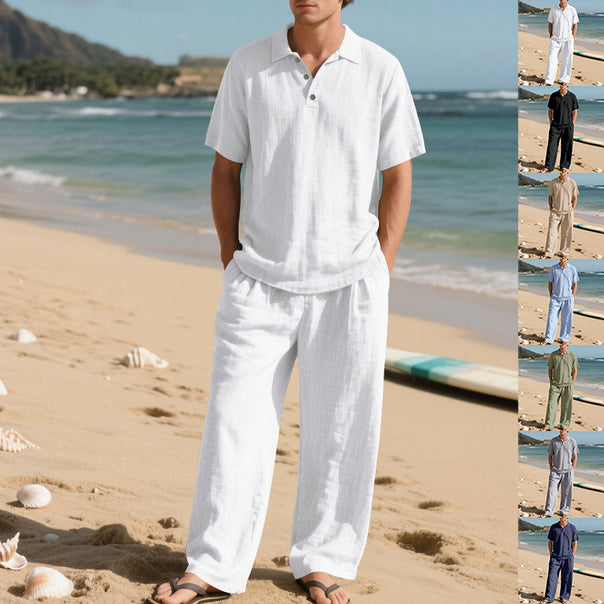Men's airy linen ensemble with polo collar and adjustable waistband pants Mune Fashion