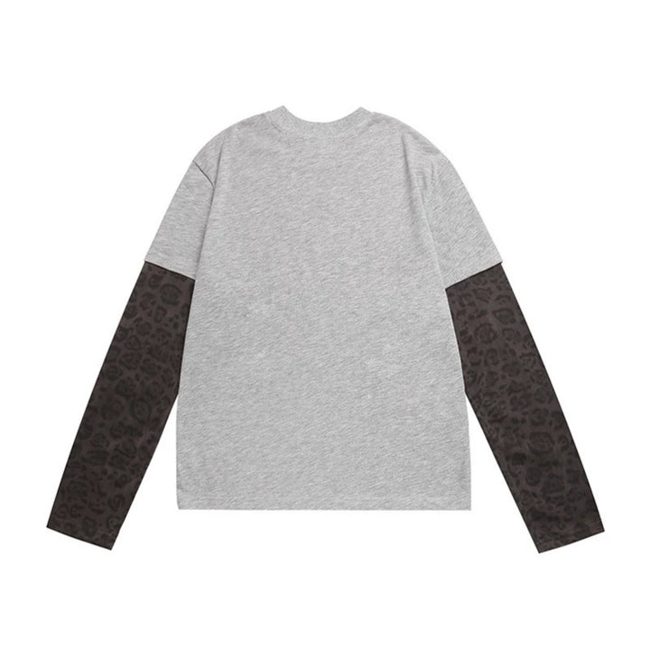 Women Layered Long Sleeve Shirt with Contrast Sleeves in Leopard Pattern and Statement Print Mune Fashion