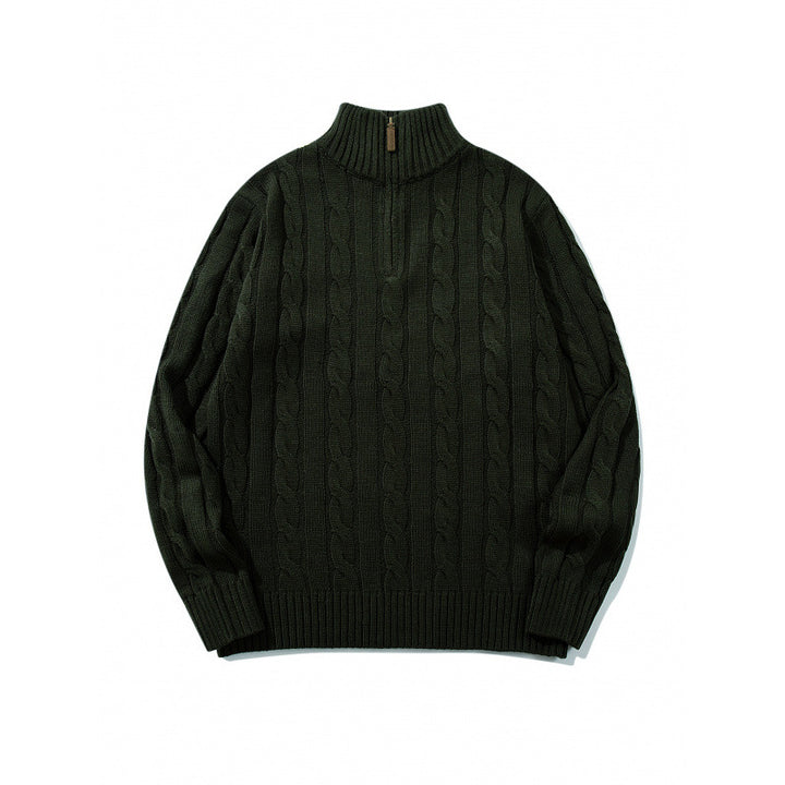 Unisex Coarse Knitted Half-Zip Cable Pattern Sweater with Stand-Up Collar and Ribbed Edges Mune Fashion