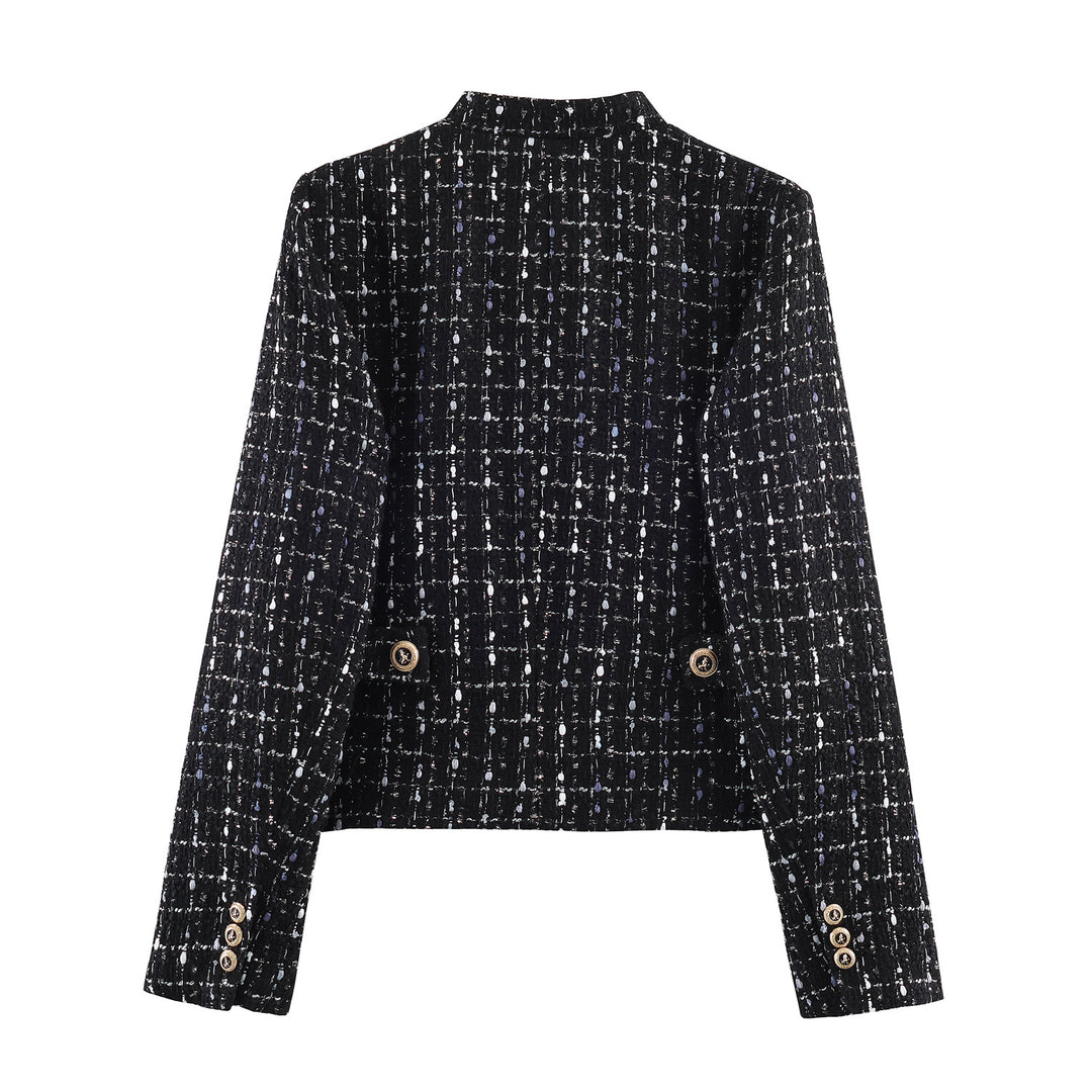 Women's casual tweed jacket with stand-up collar, decorative buttons, and patch pockets Mune Fashion