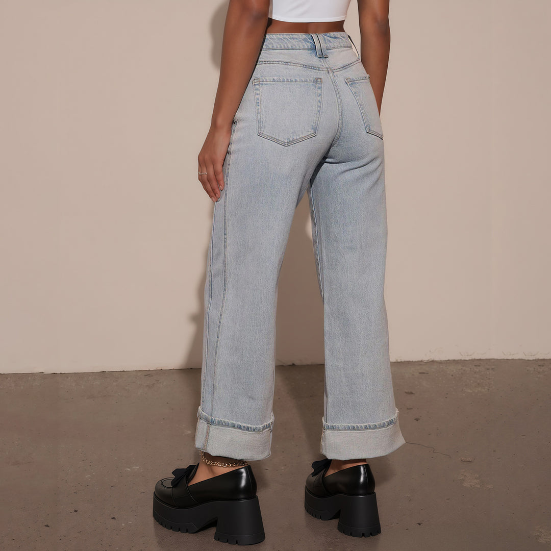 Women High-Waisted Wide Jeans with Extra Wide Cuff Mune Fashion