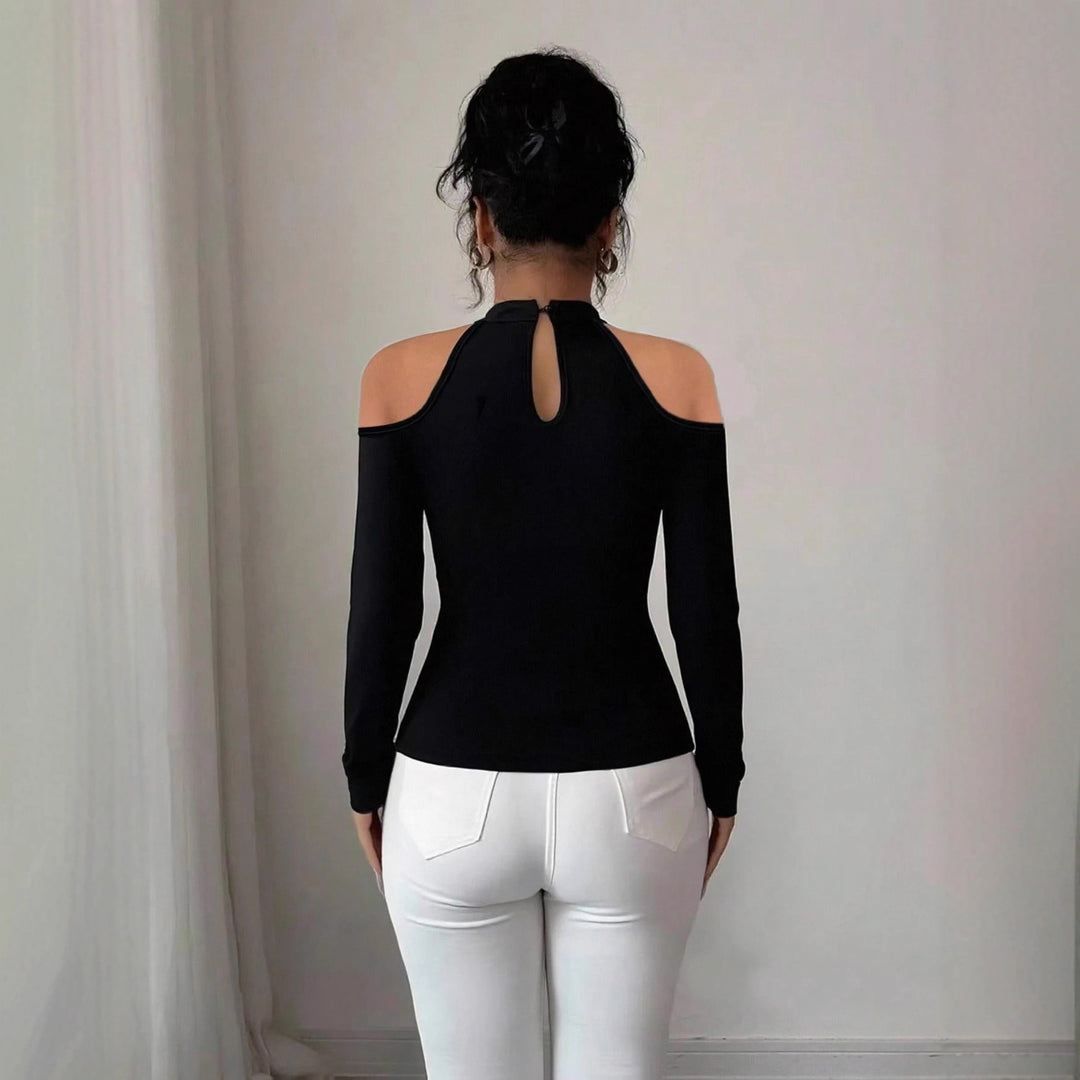 Women off-shoulder long sleeve top with choker collar, floral lace appliqués and tailored peplum Mune Fashion