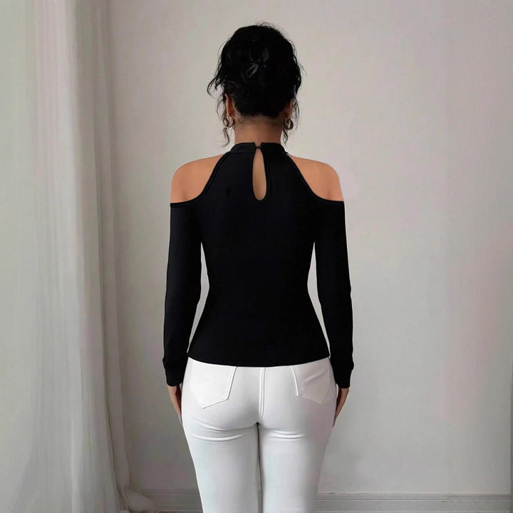Women off-shoulder long sleeve top with choker collar, floral lace appliqués and tailored peplum Mune Fashion